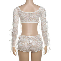 Long sleeve self tie lace see through hollow out pant set