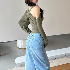 Long sleeve irregular hollow out ruched solid top