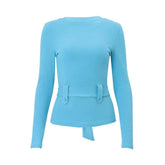 Crewneck long sleeve belt knotted knitted top