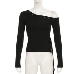 Long sleeve one shoulder slit self tie top