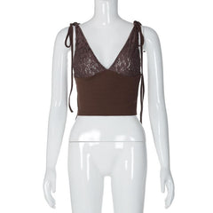 V neck see through lace ribbed patchwork ruched backless top