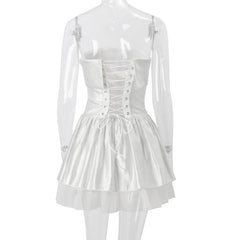 Off shoulder glitter mesh ruffle mini dress