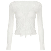 Long sleeve lace ruffle irregular self tie top