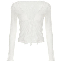 Long sleeve lace ruffle irregular self tie top