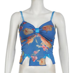 Mesh ruched slit bowknot flower print cami top