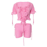 Short sleeve ruffle knitted drawstring ruched pant set