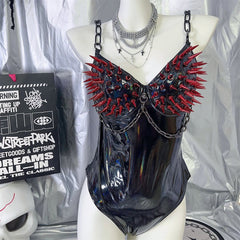 PU leather rivet metal chain bodysuit