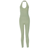 Halter u neck solid backless pant set
