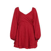 V neck long sleeve ruched solid mini dress | red tango dress