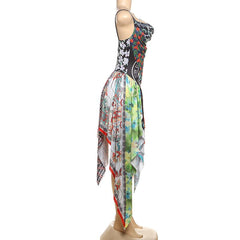 Cowl neck patchwork irregular midi dress