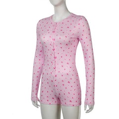 Long sleeve crewneck button flower print romper