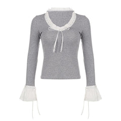 Flared sleeve ruffle patchwork long sleeve contrast top