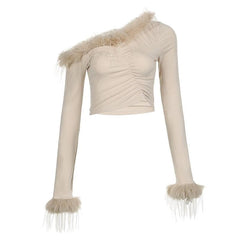 Feather irregular long sleeve ruched off shoulder crop top