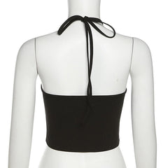 Halter contrast star pattern self tie backless crop top