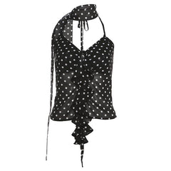 Halter polka dot ruffle chiffon 2 piece see through top