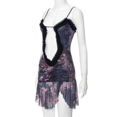 Double layered mesh ruffle hollow out cami cut out mini dress | red tango dress