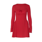 Long sleeve bowknot solid ruched mini dress | red tango dress