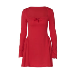 Long sleeve bowknot solid ruched mini dress | red tango dress