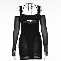 Gloves mesh corset off shoulder hollow out long sleeve halter mini dress | red tango dress