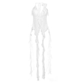 Halter rose applique sheer mesh ruffle v neck backless crop top