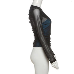 Long sleeve ruched mesh patchwork top