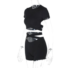 Short sleeve crewneck hollow out backless pant set