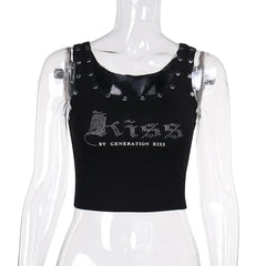 Letter pattern beaded u neck tank top