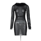 Long sleeve sheer mesh feather ruffle backless mini dress | samba dress