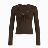 V neck long sleeve lace hem ruched bowknot top