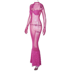 Long sleeve gloves high neck feather mesh see through maxi dress | red tango dress