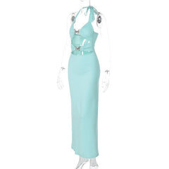 Halter metal butterfly hollow out maxi dress