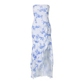 Print ruffle ruched high slit tube maxi dress