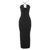 Hollow out cross front backless cami cut out maxi dress | black rave dress