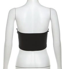 Lace up letter print backless stitch contrast tube top