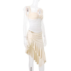 Cap sleeve ruched lace ribbon backless top
