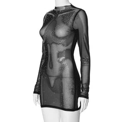 Long sleeve body pattern beaded sheer mesh mini dress | samba dress