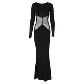 Long sleeve crewneck mesh patchwork maxi dress