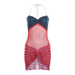 Halter ruched knitted hollow out mini dress | red tango dress