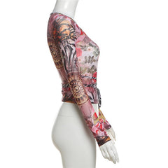 V neck long sleeve sheer mesh self tie print top