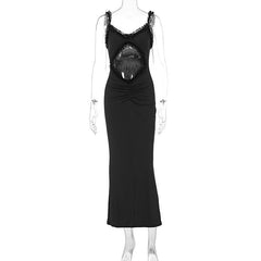 Ruffle hollow out ruched bowknot cami midi dress