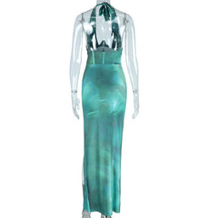 Halter corset deep v neck drawstring ruched slit maxi dress