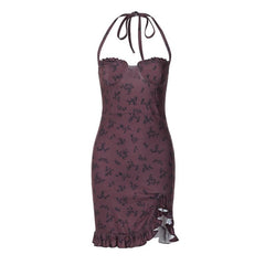 Halter print ruffle knotted backless mini dress