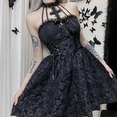 Textured cross applique ruffle halter zip-up lace up mini dress | black rave dress