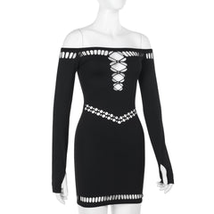 Off shoulder long sleeve hollow out beaded mini dress