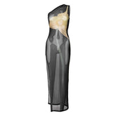 One shoulder sheer mesh print high slit maxi dress | samba dress