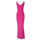 Cowl neck bowknot sleeveless backless solid maxi dress | red tango dress