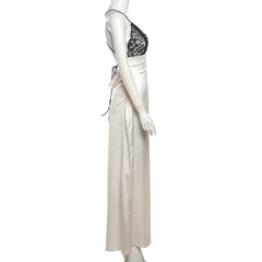 Lace zip-up backless high slit cami maxi dress