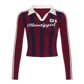 Turnover collar long sleeve striped letter print top