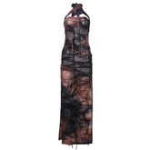 Halter tie dye high slit cross front maxi dress | red tango dress