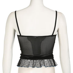 V neck polka dot bowknot mesh ruffle cami top